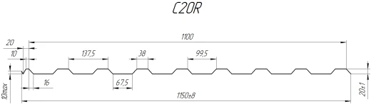 Профнастил С20R 1150/1100x0,65 мм, 6002 лиственно-зеленый глянцевый